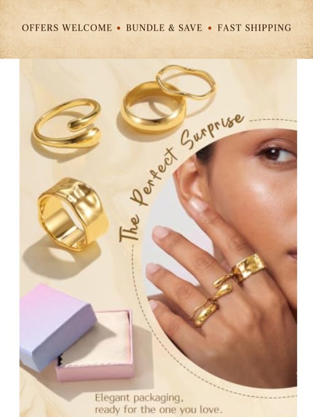 14K Gold Plated Stackable Rings Set Adjustable Band Non Tarnish - Picture 3 of 6
